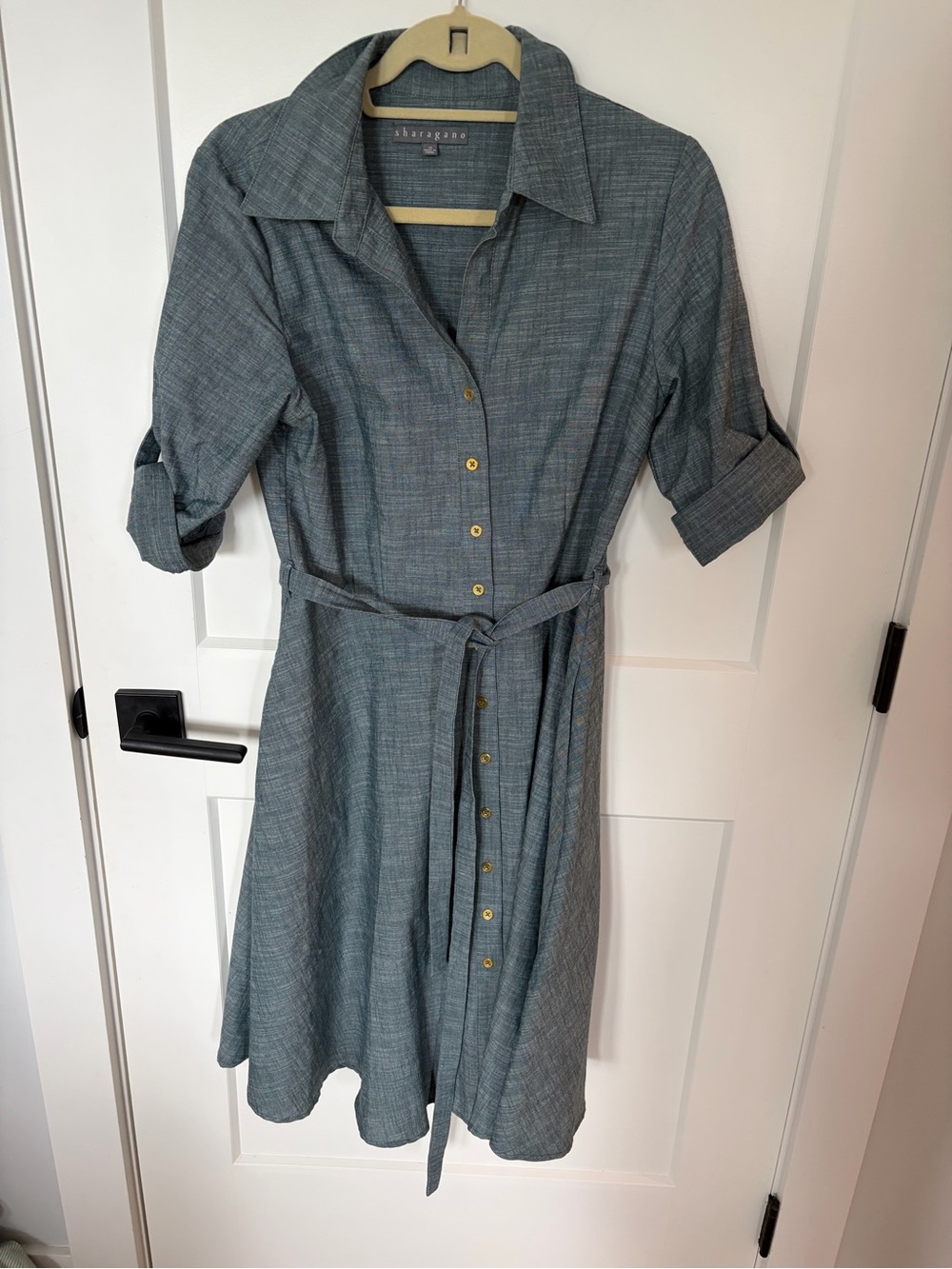 Sharagano Slate Blue Button-Front Midi Shirt Dress with Tie
